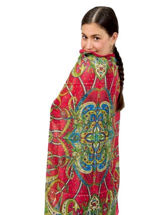 Šátek z umělého indického hedvábí, červeno-zelený, paisley potisk 100x100cm