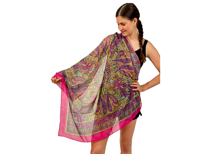 Šátek z umělého indického hedvábí, růžovo-žlutý, paisley potisk 100x100cm
