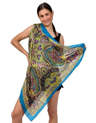 Šátek z umělého indického hedvábí, tyrkysovo-žlutý, paisley potisk 100x100cm