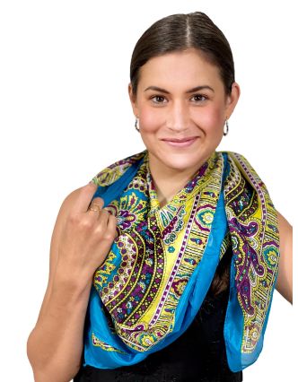 Šátek z umělého indického hedvábí, tyrkysovo-žlutý, paisley potisk 100x100cm