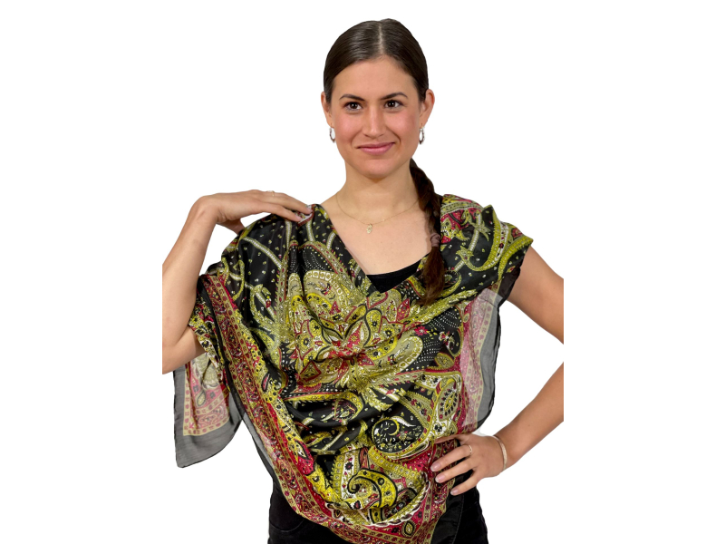 Šátek z umělého indického hedvábí, černo-žlutý, paisley potisk 100x100cm
