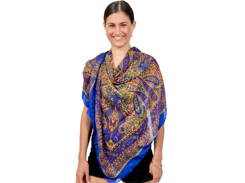 Šátek z umělého indického hedvábí, modro-žlutý, paisley potisk 100x100cm