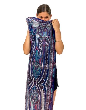 Šátek z umělého indického hedvábí, modro-růžový, paisley potisk 50x180cm