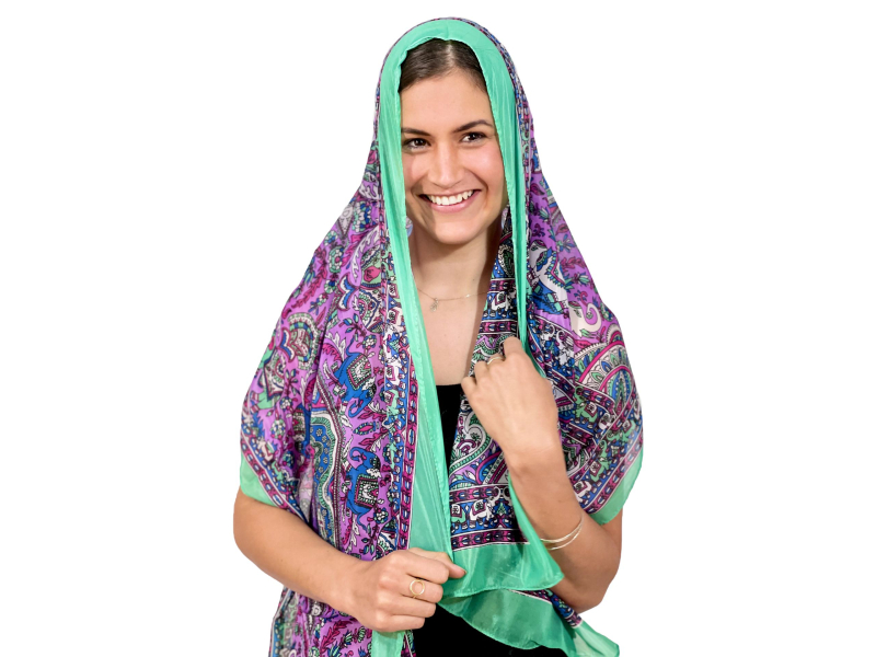 Šátek z umělého indického hedvábí, zeleno-fialový, potisk slonů 50x180cm