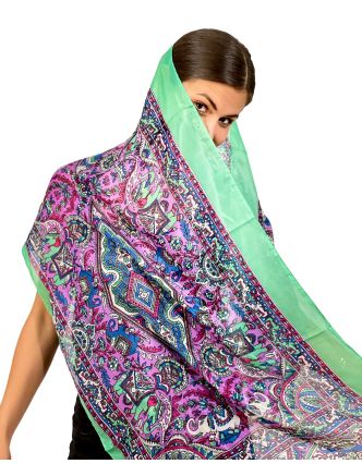 Šátek z umělého indického hedvábí, zeleno-fialový, potisk slonů 50x180cm