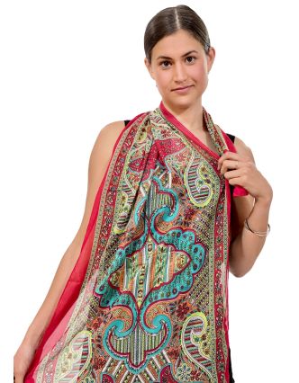Šátek z umělého indického hedvábí, červeno-oranžový, paisley potisk 50x180cm