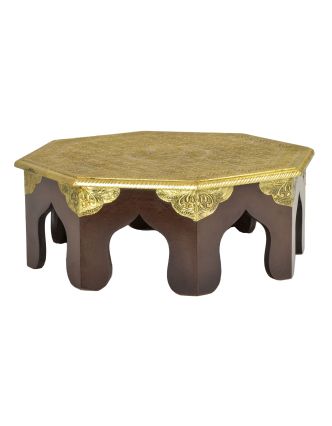 Čajový stolek z mangového dřeva zdobený mosazným kováním, 40x40x15cm