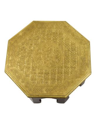 Čajový stolek z mangového dřeva zdobený mosazným kováním, 35x35x15cm