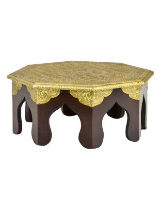 Čajový stolek z mangového dřeva zdobený mosazným kováním, 35x35x15cm