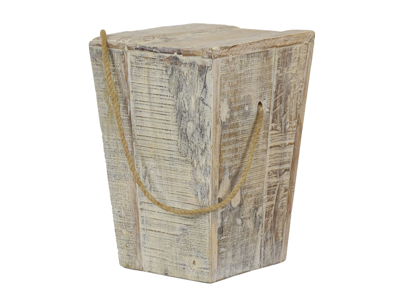 Stolička z teakového dřeva, madlo z provazu, bílá patina, 30x30x43cm