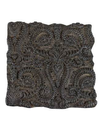 Staré razítko na textil vyřezané z mangového dřeva, květinový motiv, 15x15x7cm