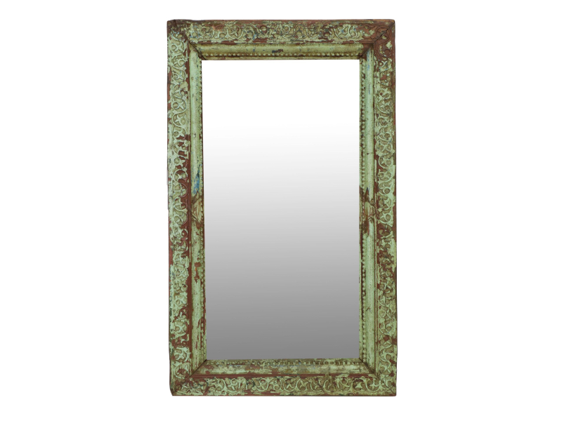 Zrcadlo v rámu z teakového dřeva, ručně vyřezávané, zelená patina, 73x9x124cm