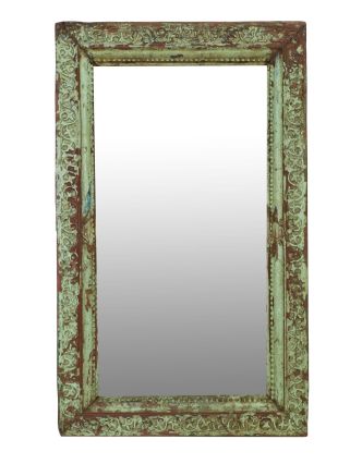 Zrcadlo v rámu z teakového dřeva, ručně vyřezávané, zelená patina, 73x9x124cm