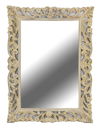 Zrcadlo ve vyřezávaném rámu, bílá patina, mango, 90x4x120cm
