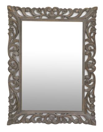 Zrcadlo ve vyřezávaném rámu, šedá patina, mango, 90x4x120cm
