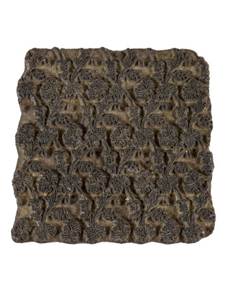 Staré razítko na textil vyřezané z mangového dřeva, květinový motiv, 15x15x8cm