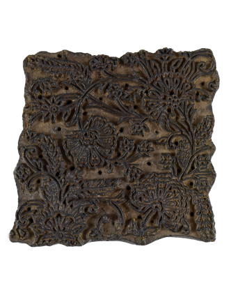 Staré razítko na textil vyřezané z mangového dřeva, květinový motiv, 16x16x8cm