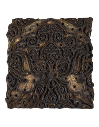 Staré razítko na textil vyřezané z mangového dřeva, květinový motiv, 15x13x8cm