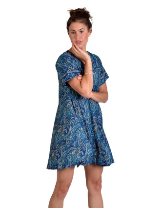 Krátké šaty s krátkým rukávem, modro-béžové s paisley potiskem