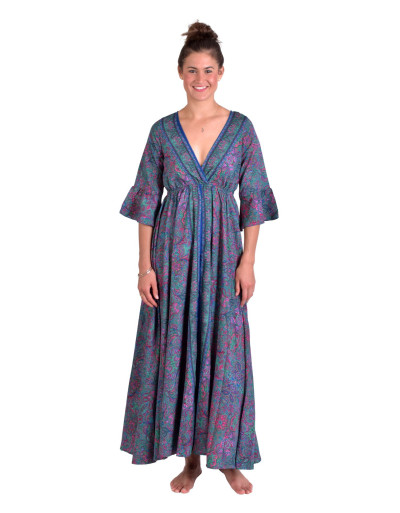 Dlouhé šaty s 3/4 rukávem, modro-růžové s drobným paisley potiskem