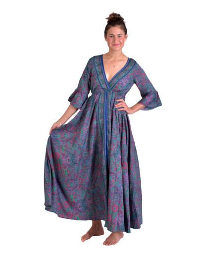 Dlouhé šaty s 3/4 rukávem, modro-růžové s drobným paisley potiskem