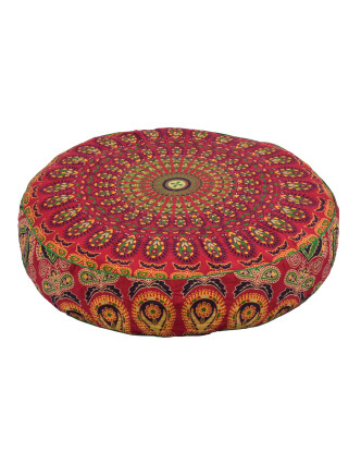 Meditační polštář, kulatý, 63x13cm, červeno-žlutý, paví mandala
