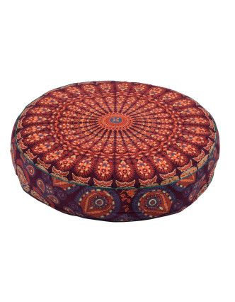 Meditační polštář, kulatý, 60x13cm, oranžovo-vínový, paví mandala