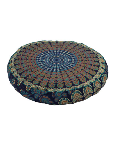 Meditační polštář, kulatý, 60x13cm, modro-zelený, paví mandala