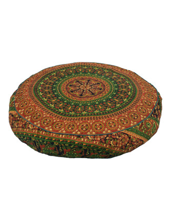 Meditační polštář, kulatý, 60x13cm, zeleno-oranžový, mandala