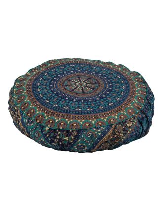 Meditační polštář, kulatý, 60x13cm, modro-zelený, mandala