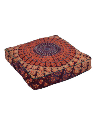 Meditační polštář, čtverec, 60x13cm, vínovo-oranžový, paví Mandala
