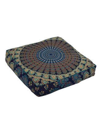 Meditační polštář, čtverec, 60x13cm, modro-zelený, paví Mandala