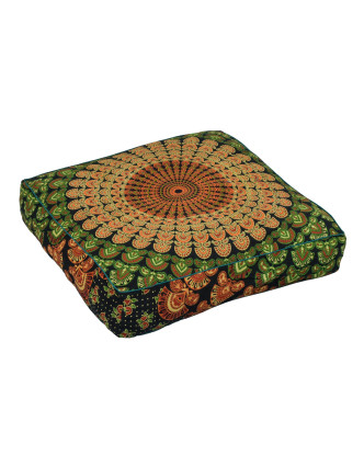 Meditační polštář, čtverec, 60x13cm, oranžovo-zelený, paví Mandala