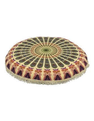Meditační polštář, kulatý, 80x13cm, béžový, fialová paví mandala, béžové třásně
