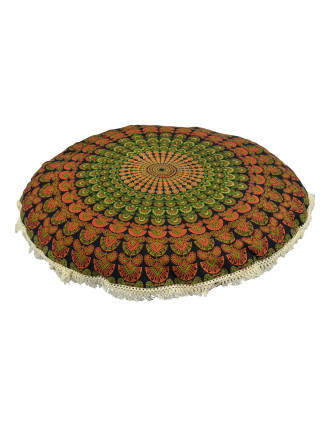 Meditační polštář, kulatý, 80x13cm, zeleno-oranžový, paví mandala, béžové třásně