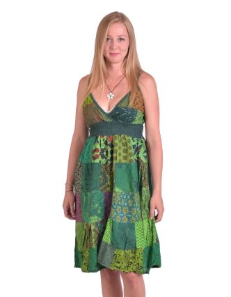 Dlouhé šaty na ramínka, patchwork, zelené