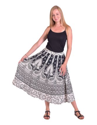 Dlouhá sukně, černo-bílá, potisk pávů a orientálních vzorů