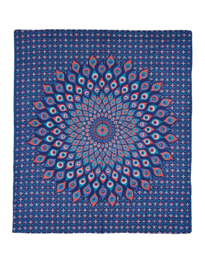 Přehoz na postel, pestrobarevná paví mandala, 230x202cm, modro-červená