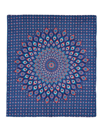 Přehoz na postel, pestrobarevná paví mandala, 230x202cm, modro-červená