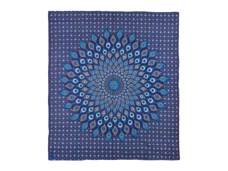 Přehoz na postel, pestrobarevná paví mandala, 230x202cm, modro-tyrkysová