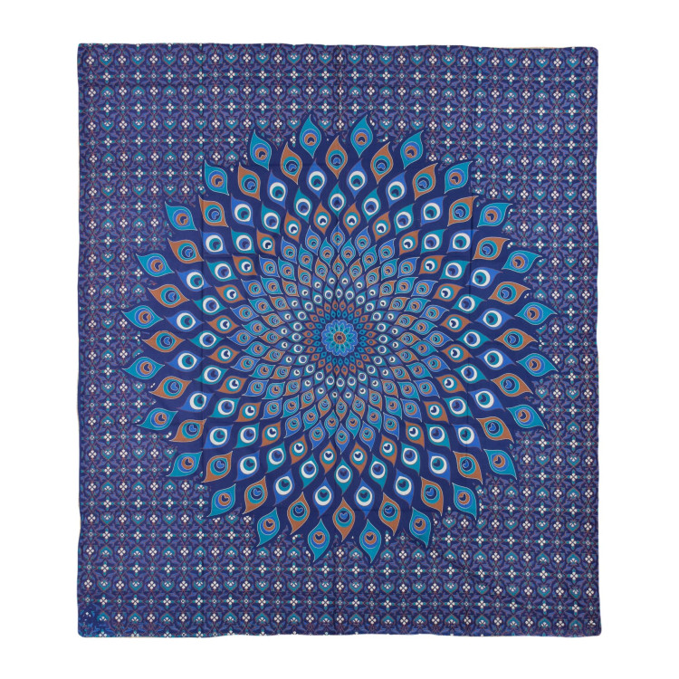 Přehoz na postel, pestrobarevná paví mandala, 230x202cm, modro-tyrkysová
