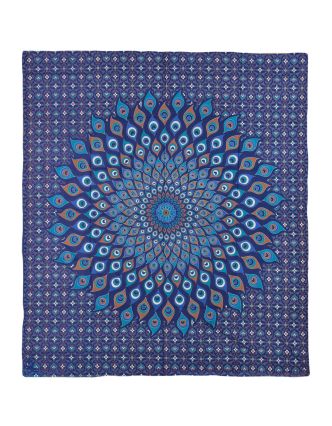 Přehoz na postel, pestrobarevná paví mandala, 230x202cm, modro-tyrkysová