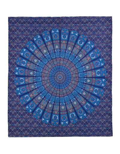 Přehoz na postel, pestrobarevná mandala, 230x202cm, květy, modro-tyrkysový