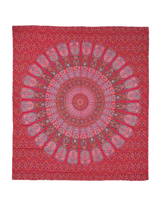 Přehoz na postel, pestrobarevná mandala, 230x202cm, květy, červeno-modrý
