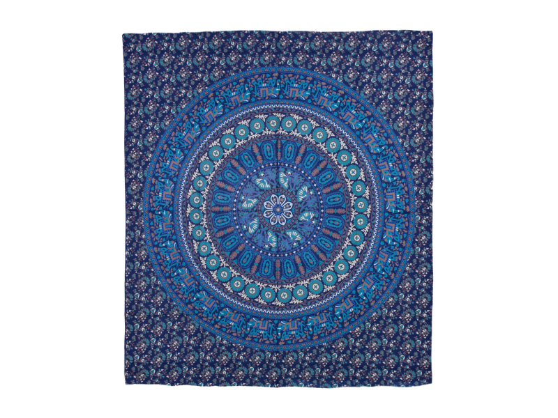 Přehoz na postel, barevná mandala, 230x202cm, květy a sloni, modro-tyrkysový