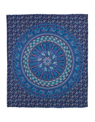 Přehoz na postel, barevná mandala, 230x202cm, květy a sloni, modro-tyrkysový
