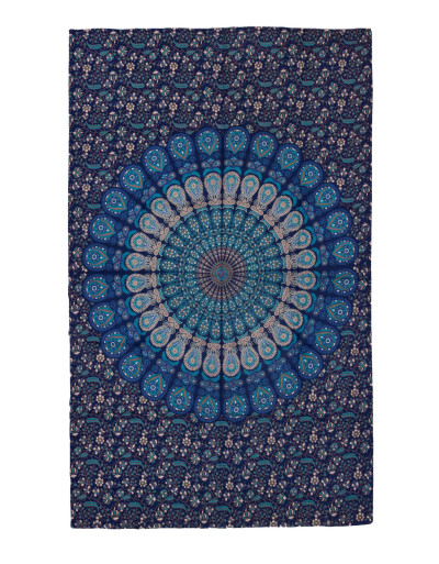 Přehoz na postel modro-zelený "Barmery round Mandala" paví pera, 130x210cm