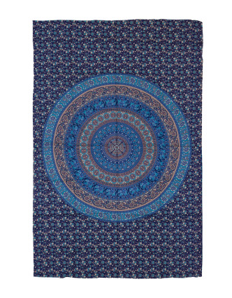 Přehoz na postel, modro-zelený, Mandala, sloni a květiny 200x130cm
