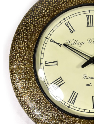 Velké nástěnné hodiny, tepaný antik zdobený mosazný plech, prům. 47cm