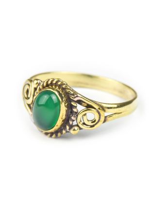 Prsten s polodrahokamem, zelený onyx 7mm, oválný, zdobený, postříbřený (10µm)
